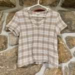 Garnet Hill Tan/White Plaid Earth Tones Boho V-Neck Organic Gauze Cotton Top Photo 0