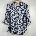 JM Collection  Linen Blouse 20W Blue White Scroll‎ Print Button Front Roll Tab Photo 1