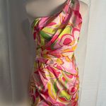 DO+BE Pink and Green Asymmetrical Ruched Cocktail Dress Photo 0