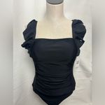 Charmo Women’s Ruffle One Piece Bathing Suit Black Tie Back Ruched Medium NWT Photo 3