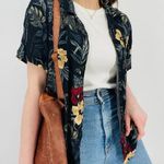 vintage boho palm frond earth tone button down top shortsleeve floral size m/l Tan Size M Photo 0