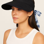 Steve Madden  Womens Black Wide Brim Sun Visor Hat Tie Dye Bow Adjustable‎ Chic Photo 0