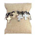 Double Leather Strand Bracelet Silver Gold Tone Cross Dangles Charms Button 6" Photo 0