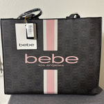 Bebe NWT  Black Tote with Pink Stripes with Matching Wristlet Pouch 16 W x 13 H Photo 0