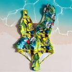 DINA MEDINA Tropical Ruffle Sleeve Bathing Suit Swimsuit Size Large Yellow Photo 1