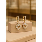 Gold Tone CZ Heart Drop Huggie Hoop Earrings Open Heart Halo Romantic Photo 1