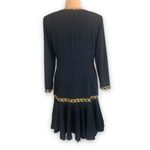 Vintage 80s Black Drop Waist Dress Gold Chain Trim Long Sleeve Crewneck Medium Photo 9