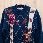 VTG Shenanigans Womens Embroidered Sweater Size S Navy Floral 90s Boho Fall Blue Photo 1