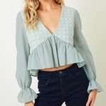 Saints & Hearts Blush Pink Boho Long Bell Sleeve Crop Peplum Deep V Neck Blouse Size L Photo 6