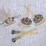 Elegant Oriental Hair Accessory Set 5 PCS Gold Tone Crown Tiara Pearl Rhinestone Blue Photo 1