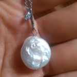 Freshwater Coin Pearl And Simulated Diamond Silvertone Pendant Necklace Photo 9