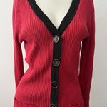 Babette Ballinger Sweater Size M Gothic Red Black Trim Button Front Ribbed Knit Size M Photo 0