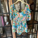 Pink Lily Vici romper colorful floral print off shoulder puff pleats vneck tropical Photo 3