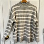 Loft Gray White Striped Ribbed Mock Neck Sweater Soft Cozy Knit Pullover Medium Photo 0