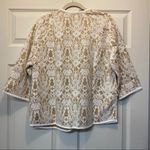 Chico's  Bonded Lace Henrietta Cardigan Jacket Faux Leather Tan White Size 2 Large Photo 5