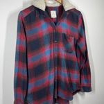 American Eagle Women L Vintage Boyfriend Sherpa Lined Hood Plaid Shirt Relaxed Photo 3