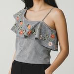 Gingham One Shoulder Top Embroidered Floral Ruffle Black White Summer Large Photo 0