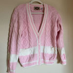 Vintage Cable Knit Cardigan Sweater Sz Medium Oversized Pink‎ White Stripe Pink Photo 0