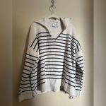 La Ligne Striped Fold Over Collar Sweater Sz XL Ivory Navy Ribbed White Photo 3