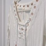 Free People Ice Cold Ribbed Top White Large 3/4 Sleeve Lace Up V Neck Boho Photo 4