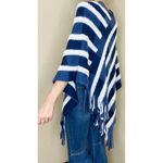 Blue & White Plaid Striped Fringe Bohemian Fuzzy Shawl Poncho Photo 3