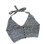 Blue & White Knit Halter Crop Top Button Back Neck Tie M festival boho hippie Size M Photo 8