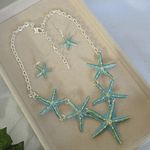 Boutique Boho Silver and Turquoise Blue Starfish Necklace and Earrings Set Photo 1