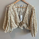 REDBERRY Crop Top‎ Blouse Tie Front Size Large Floral Puffy Sleeves NWT Tan Photo 0