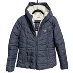 Hollister Women's Size Medium Puffer Jacket Sherpa Lined Hooded Navy Blue Photo 0