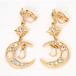 Gold 2" Opal Starburst Moon Clip On Drop Earrings Celestial Dangle Photo 0