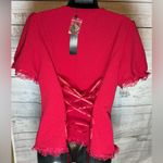 Allegra K Red Button-Up Top with Lace Trim and Corset Back Photo 1