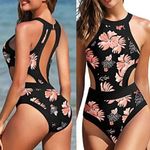 NEW NWT HOLIPICK High Neck One Piece Cutout Swimsuit Black Coral Tropical Floral Size M Photo 1