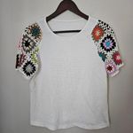 Emery Rose Top Blouse White Crochet Short Sleeves Colorful Cute Neutral Size M Photo 11