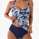 Eomenie Halter Tankini Bathing Suit Ruched Tummy Control with Bottom Blue Photo 0