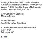Ideology Skirt Size 6 W27" Waist Women's A-Line Skirt Pleated Skirt Floral Print Colorful Photo 1