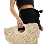 Woven Straw Half Moon Clutch Bag with Square Handle Photo 0