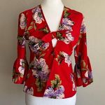 Topshop  Cherry Red Floral Hawaiian Tied Wrap Cropped Blouse Womens 4 Beach Photo 0