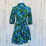 Newport News Dress Womens 4 Blue Green Watercolor 3/4 Sleeve Tie Button Front Photo 4
