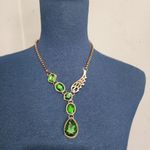 Gold with Emerald Green Crystal Y Necklace Earrings Set Photo 3