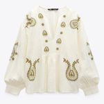 ZARA  Cream and Green Embroidered  Paisley Floral Peplum Top Photo 2