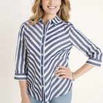 Chico's Chico’s No-Iron Cotton Striped Stain Shield Shirt Navy & White Striped Size 4/6 Photo 1