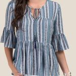 Francesca's Womens  Blue Rain Sierra Striped Peplum Top - Sz S Photo 0