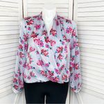 Lush Clothing Lush Floral Satin Faux Wrap Surplice Blouse Lavender Pink Large Photo 1