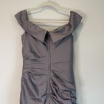 La Femme  Gray Satin Ruched Off the Shoulder Trumpet Gown Photo 10