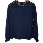 Lulu's Women’s Picture This Lace Round Neck Long Sleeve Blouse Navy size S Blue Photo 0