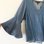 White House | Black Market Chambray V-Neck Blouse with Bell Sleeve in Blue Size 12 Photo 1