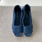Coldwater Creek  Navy Blue Crochet Peep Toe Espadrille Wedge Sandals Photo 3