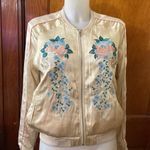 BLANK NYC Satin Bomber Jacket Embroidered Floral Cream Photo 5