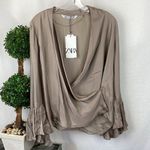 ZARA  Brown Taupe Long Bell Sleeve Drape Wrap Blouse Top NEW XL Photo 0