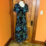 Vintage Black Floral Midi Dress Blue Green Flower Print Short Sleeve Size 12 Photo 8
